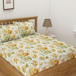 B' Decorlish Yellow Printed 220 TC Cotton Fitted Queen Bedsheet Set 1.82 m x 1.92 m-99