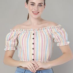 Zuvino Women Striped Off-Shoulder Puff Sleeve Ruffles Cotton Blouson Crop Top-picture-48