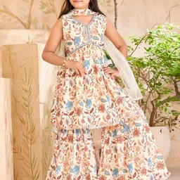 Sangria Girls Floral Printed Mirror Work Pure Silk A-Line Kurta Sharara With Dupatta-image-88