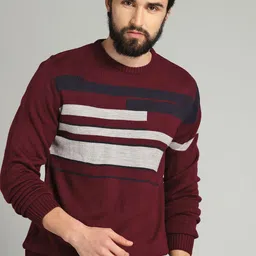 The Roadster Lifestyle Co Men Maroon & Grey Striped Sweater-image-32