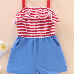 Babyhug 100% Cotton Singlet Sleeves Striped Jumpsuit - Red-image-43