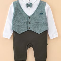 Mini Taurus Cotton Full Sleeves Party Rompers with Waistcoat and Bow Applique - Olive Green-image-7