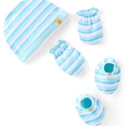 Babyhug 100% Cotton Knit Cap Mittens & Booties Set with Stripes  - Blue-picture-16
