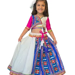 Aglare Navratri Theme Half Sleeves Floral Motif Shisha Work Embroidered Lehenga & Choli - Blue-picture-35