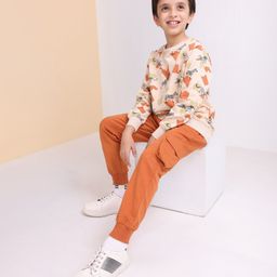 Ollington St. Cotton Full Sleeves Winter Wear Sweatshirt & Lounge Pant Set Zebra Print - Beige & Brown-image-81