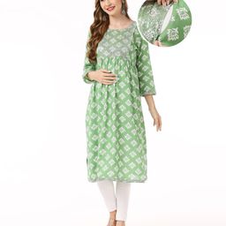 Bella Mama Viscose Woven Floral Print With Embroidered Yoke Three Fourth Sleeves Maternity Kurta With Pocket - Green-picture-22