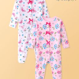 Babyoye Eco Conscious 100% Cotton With Eco Jiva Finish Full Sleeves Sleep Suit With Butterfly & Floral Print Pack Of 2 - White & Pink-image-55