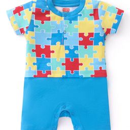 Babyhug 100% Cotton Knit Half Sleeves Romper Puzzle Print - Blue-image-55