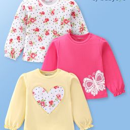 Babyoye 100% Cotton Eco- Jiva Finish Full Sleeves Tops with Floral & Heart Print Pack of 3 - Multicolor-image-95
