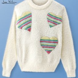 Arias Knitted Full Sleeves Pullover Sweater With Hearts Embroidery Detailing - Off White-image-91
