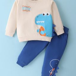 Kookie Kids Fleece Knit Full Sleeves Winter Wear Suit With Dino Print & Spikes Detailing - Beige & Blue-image-51