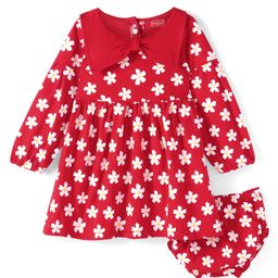 Babyhug Single Jersey Knit Full Sleeves Frock With Bloomer Floral Print & Bow Detailing - Red-picture-12