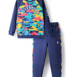 Pine Kids Cotton Knit Full Raglan Sleeves Text Printed T-Shirt & Jogger Set - Navy Blue-image-86