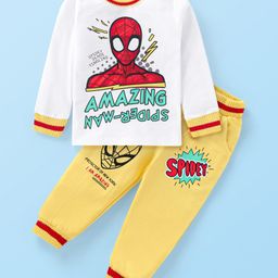Babyhug Marvel Cotton Knit Full Sleeves T-Shirt & Joggers Set With Spider Man Graphics - White & Yellow-image-11