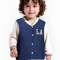 Babyhug Cotton Knit Full Sleeves Bomber Jacket With Text Print - Navy Blue-image-36