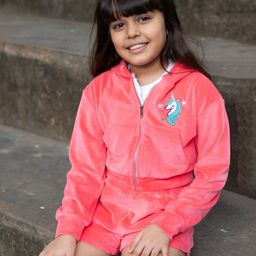 Nap Chief  Velvet Full Sleeves Unicorn Embroidered Hoodie With Shorts Set - Pink-image-83