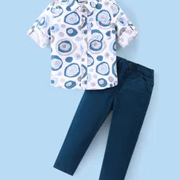 Babyhug Cotton Woven Full Sleeves Printed Shirt & Trouser Pants Set - Blue & Off White-picture-44