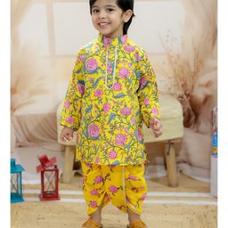 BownBee Pure Cotton Full Sleeves Navratri Theme Floral Printed & Lace Embellished Kurta Dhoti - Yellow-image-50