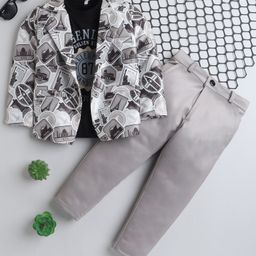Fourfolds Full Sleeves Legendary Text Printed Tee With Solid Trousers & Travel Theme Designed Blazer Set - Beige-image-21