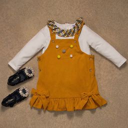 One Friday Cotton Bow Applique Detailed Dungaree With Full Sleeves Frill Designed Onesie Set - Mustard-image-95