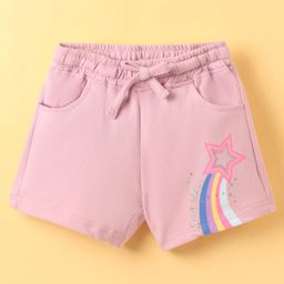 Olio Kids Cotton Knit Above Knee Length Shorts with Star & Text Glitter Print - Light Pink-image-59