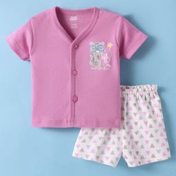 Pink Rabbit Interlock Knit Half Sleeves Shorts Night Suit with Kitty Print - Purple-image-34