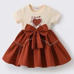 Mark & Mia Half Sleeves Heart Embroidered Frock with Pearl Detailing & Bow Applique - Maroon-image-11