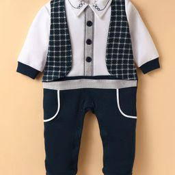 Kookie Kids 100% Cotton Knit Full Sleeves Footed Party Romper With Attached Waistcoat - White & Navy Blue-image-51