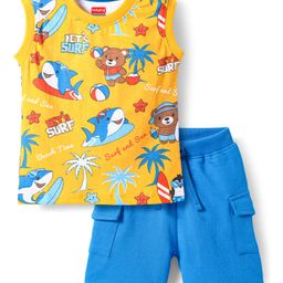 Babyhug Single Jersey Knit Sleeveless T-Shirt & Shorts Set with Beach Theme Print - Yellow & Blue-image-17