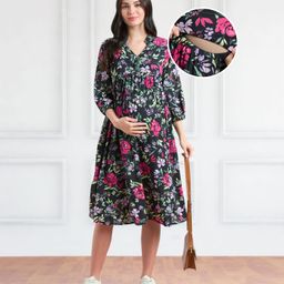 Bella Mama Woven Three Fourth Sleeves Maternity Dress With Floral Print and Pockets - Black-image-22