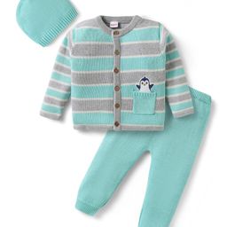 Babyhug Knit Full Sleeves Striped Sweater Set with Cap Penguin Design - Grey-image-81