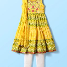 EARTHY TOUCH Cambric Woven Sleeveless Kurta Churidar Set & Dupatta With Floral Embriodery - Yellow-image-74
