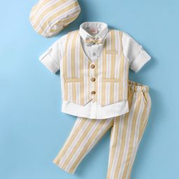 Rikidoos Full Sleeves Striped 3 Piece Party Suit With Bow & Cap Set - Beige & White-picture-36