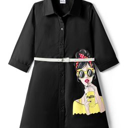 Hola Bonita Cotton Woven Three Fourth Sleeves Shirt Dress With Girl Print & Belt - Black-image-70