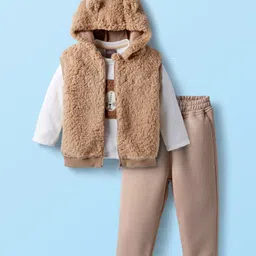 Little Kangaroos Woven Winter Wear Fur Jacket & Lounge Pant Set with T-Shirt & Bear Embroidery - Tan-picture-31