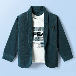 Dapper Dudes Woven Full Sleeves Textured Blazer With Undefeated Text Printed Tee - Teal Blue-image-91