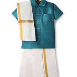 Dapper Dudes Cotton Silk Woven Half Sleeves Solid Shirt & Mundu With Angavastram Set - Teal Blue-image-87