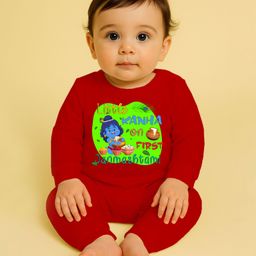 The Peppy Tend 100% Cotton Knit Janmasthami Theme Full Sleeves Little Kanha On First Janmasthami Text Printed Romper - Red-image-6