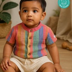 Greendeer 100% Softner Washed Muslin Cotton Woven Half Sleeves Striped Mandarin Collar Shirt & Shorts Set - Multi Colour-image-71