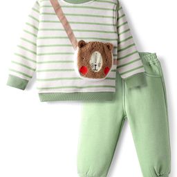 Little Kangaroos Knit Winter Wear Sweatshirt & Lounge Pant Set with Stripes & Bear Shaped Pocket - Light Green-picture-20