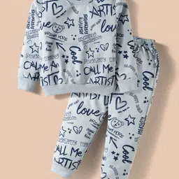 Smarty Girls Fleece Knit Full Sleeves Co-ord Winter Night Suit with Artist Text Print - Sky Blue-picture-5