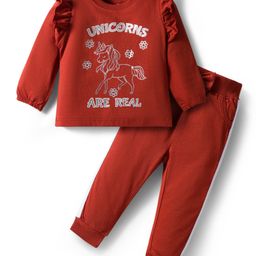 Doodle Poodle 100% Cotton Single Jersey Knit Full Sleeves Top & Lounge Pant Set With Unicorn Print - Light Brown-picture-2