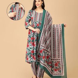 The Mom Store Cotton Knit Three Fourth Sleeves Floral Printed Maternity & Side Zipper Nursing Access Kurta With Pant & Dupatta Set - Multi Colour-picture-8