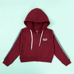 Kiddopanti Cotton Fleece Knit Full Sleeves Glasses Patch Detailed Light Winter Hooded Crop Sweatshirt- Maroon-picture-45