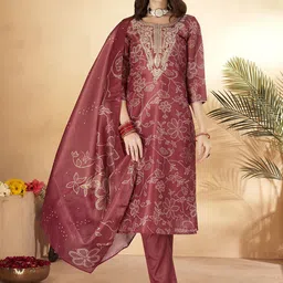Anouk Floral Embroidered Regular Thread Work Straight Kurta With Trousers & Dupatta-44