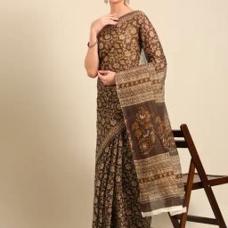 SHANVIKA Dark Brown Pure Cotton Floral Print Saree Without Blouse Piece-image-71