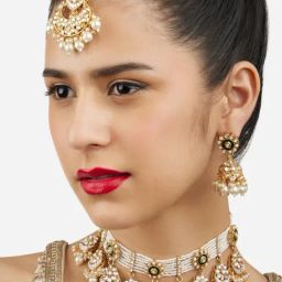 Zaveri Pearls Green Meenakari Multistrand Kundan Choker Necklace Earring & Maangtikka Set-ZPFK17191-22