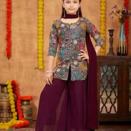 Aarika Kids Wine Embroidered Kurta, Sharara with Dupatta-image-67