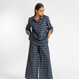 Past Modern Chevron Printed Shirt Collar Tunic With Trousers-6
