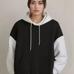 Moda Rapido Women Black Cotton Blend Colourblock Hooded Sweatshirt-picture-43